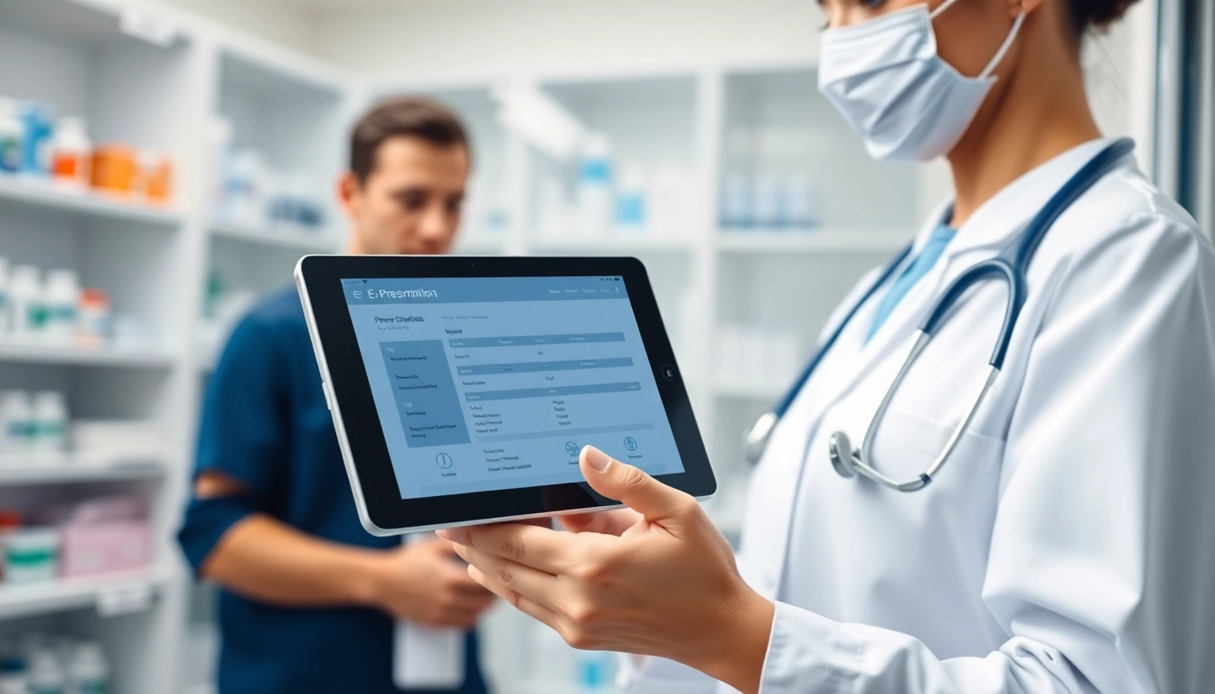 Highlighting benefits of mobile eprescription with a healthcare professional using a tablet in a clinic.