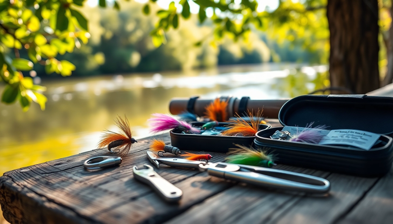 Showcase fly fishing accessories like nippers and colorful flies on a wooden table by the river.